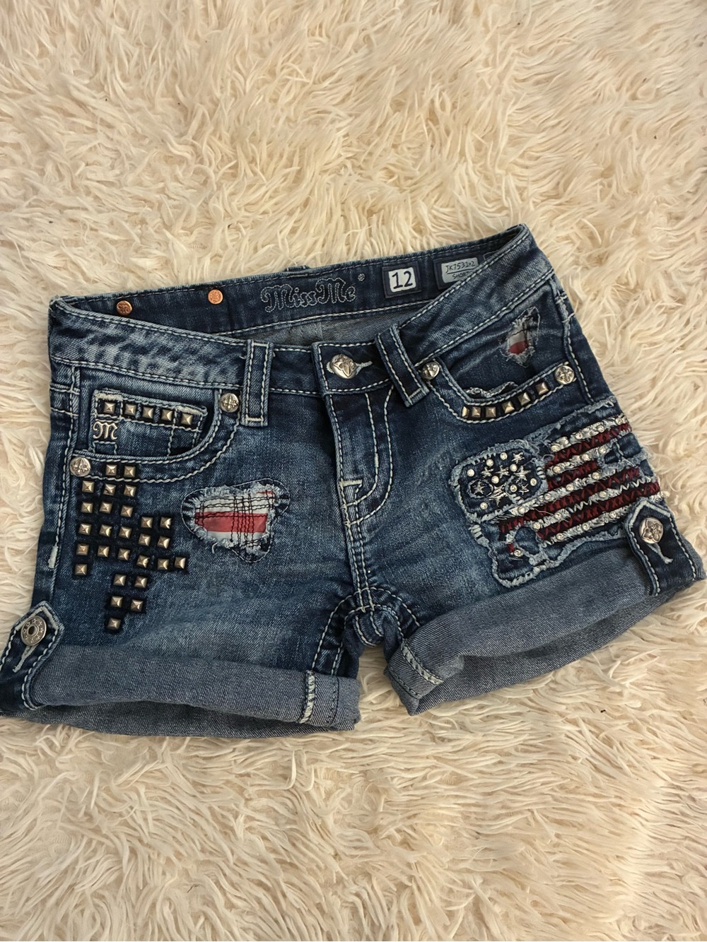 🇺🇸🇺🇸Miss Me Embellished Denim Shorts with Flag & Stud Details🇺🇸🇺🇸